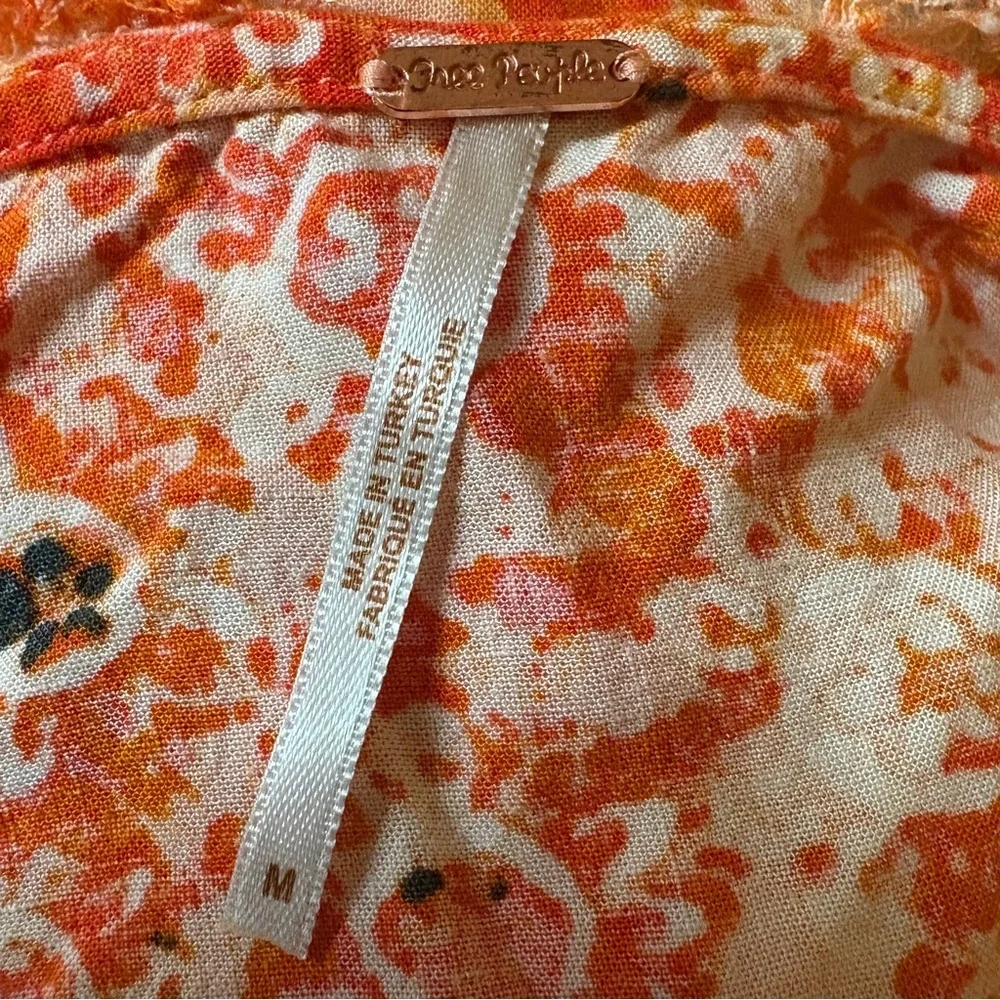 Free People Orange Floral Linen Blend Cropped Blouse Top Medium